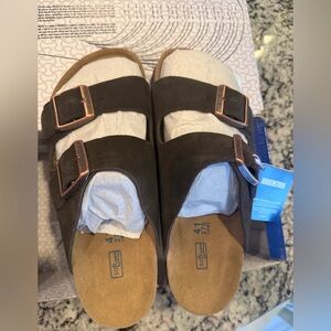 Birkenstock Brown Suede Arizona Two-Strap Sandals with Copper Buckles